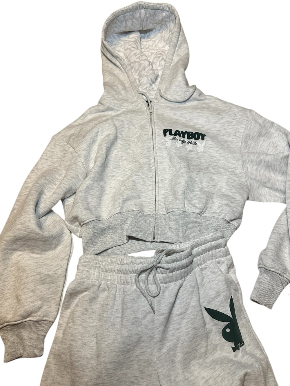 New Playboy Beverly Hills 1953 Gray Cropped Zip Hoodie Bunny Logo, Small